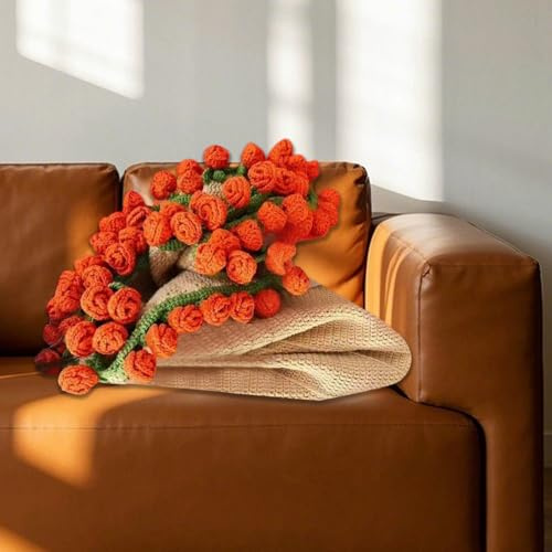 Manta gris para sofá, manta de ramo de flores hecha a mano, flores de ganchillo para el día, cumpleaños, hogar (rosa roja, 43 pulgadas), manta grande para sofá (F, talla única)
