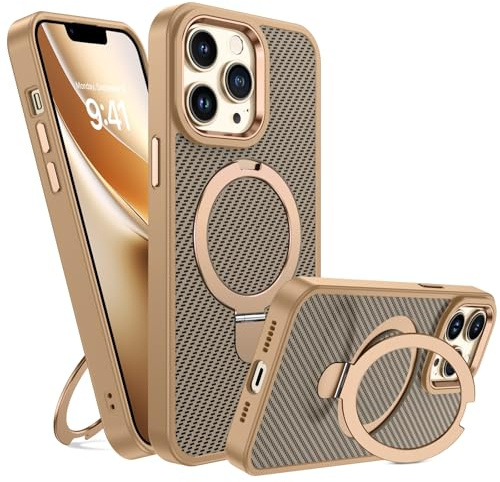 GUAGUA Magnetisch Handyhülle für iPhone 13 Pro Max Hülle [Kompatibel mit MagSafe] mit Ring Ständer Carbon Fiber Muster Stoßfest Schutzhülle Case für iPhone 13 Pro Max (6,7'') Titan Wüstensand