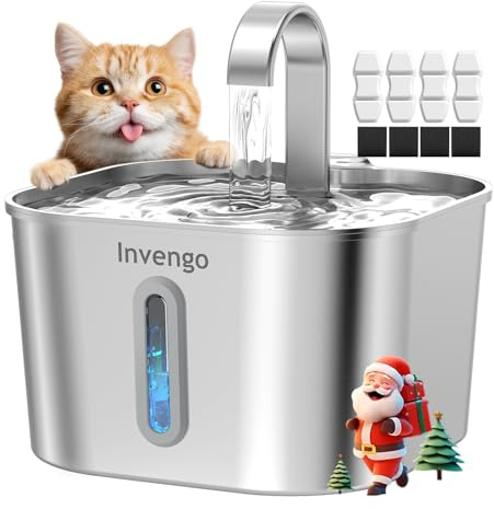 Fuente para Gatos Invengo Acero Inoxidable 2,2 L | Fuente silenciosa para Gatos | Dispensador automático para Perros | Filtración 5 Capas | Mantiene Agua Fresca | 4 filtros incluidos