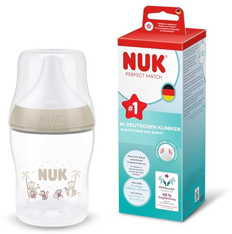 NUK Perfect Match Biberon | 0+ mesi | 150 ml | Biberon neonato anti-colica | PP | Indicatore di controllo della temperatura | Scimmia | Confezione da 1