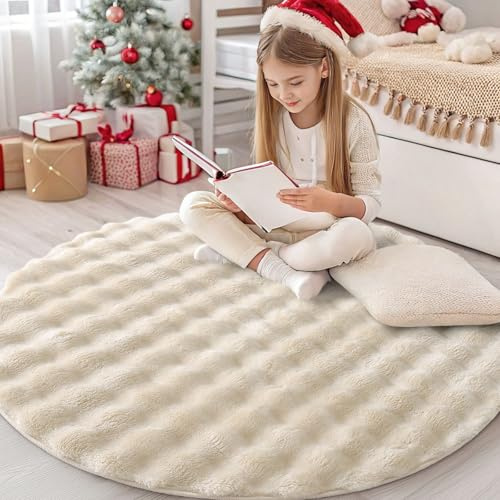 Homaxy 3D Bubble Waschbar Klein Teppich Wohnzimmer 120 cm Rund, Beige