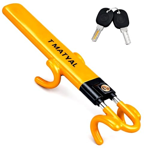 T MATYAL Steering Wheel Lock Twin Bar, Car Steering Wheel Lock Anti Theft Heavy Duty, Universal Steering Lock High Visibility Yellow Fit for Cars, SUVs, Vans, Caravans with 2 Keys