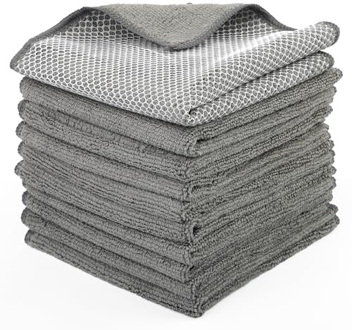 10 Stück Spültücher Spüllappen Waschbar, Küchenlappen,Grau, 30 × 30 cm | Microfaser,mit Poly-Scheuerseite, Fusselfreie Schnell Trocknend Geschirrtücher für Geschirr, Arbeitsflächen,Küche Haushalt