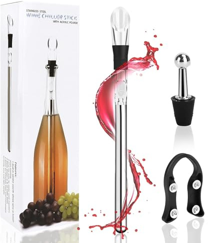 Enfriador de Botellas de Vino,Enfriadora de Vino,Varillas Enfriadoras de Acero Inoxidable + Vertedor + Cortador de Láminas + Tapón,Idea Regalo Mujer Hombre Cumpleaños Fiesta Amigo Barman