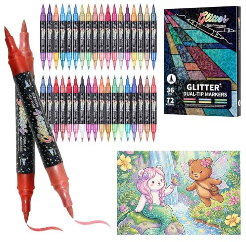 JDSCALLION Glitzerstifte Doppelspitze 36 Stück (72 Farben), Filzstifte Set | mit Zweifarbigem Glitzereffekt, Flexible Pinselstifte für Zeichnen, Malen, Handlettering & DIY Basteln