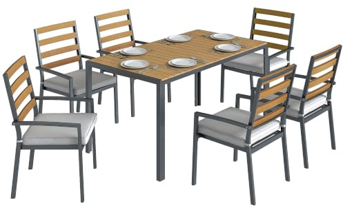 Outsunny 7 TLG. Sitzgruppe Gartenmöbel-Set mit 1 Esstisch, 6 Stühlen | Gartengarnitur, Sitzgarnitur mit Kissen, für Terrasse, Naturholz