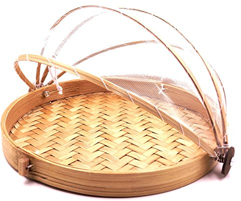 Cloche à Fromage Fruit 35 cm Garde Manger Bambou Corbeille Blanc Plateau Fromage Filet Naturel Protège Aliments