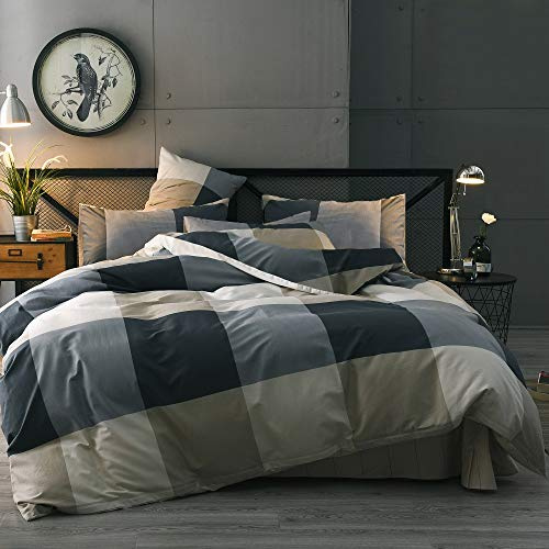 LifeTB Cotton Grid Plaid Duvet Cover Set Queen Modern Reversible Checkered Bedding Set Hotel Quality 3 Pieces Duvet Comforter Cover Luxury Soft Zipper Closure Bedding Collection (NO Comforter)