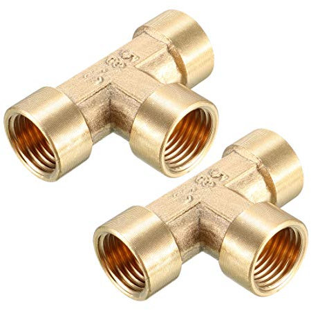 sourcing map Brass Tee Pipe Fitting 1/4 PT Female Thread T Shape Connector Coupler 2pcs