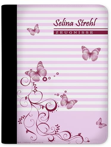 CreaDesign Zeugnismappe A4 mit Namen personalisiert – Schmetterling Rosa – für Mädchen – Dokumentenmappe Schule ohne Klarsichthüllen