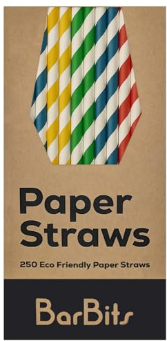 BarBits Striped Paper Drinking Straws Pack of 250 - Mixed Colours, Biodegradable & Recyclable Paper Drinking Straws, Ideal for Cold and Hot Drinks