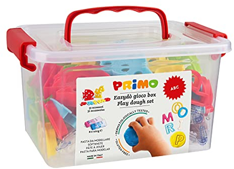 PRIMO 8 panetti da 100g Easy Do e 32 Accessori ABC Set, Pasta modellabile soffice, Colori Assortiti Brillanti e formine Creative, 289ABCGF