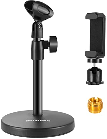 BILIONE 3-in-1 Multifunktions-Schreibtisch-Mikrofonständer, verstellbarer Tisch-Mikrofonständer mit Mikrofon-Clip, Handy-Clip, 5/8-Zoll-Stecker auf 3/8-Zoll-Buchse, Metalladapter