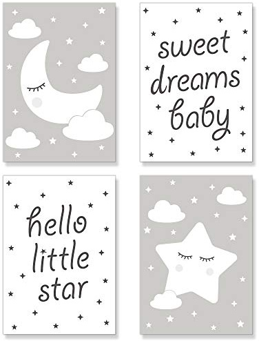 PREMYO Bilder Kinderzimmer Deko Mädchen Jungen - Poster Set Babyzimmer - Wandbilder Schlafzimmer Mond Stern Grau DIN A4