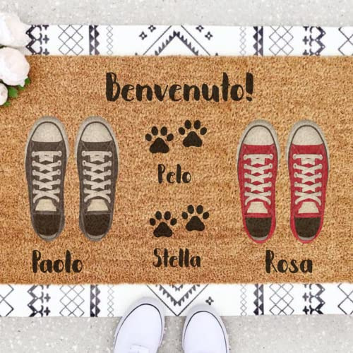 Individuelle Haustürmatte | Gestalte sie mit der ganzen Familie 70 x 40 cm | Lustige Fußmatten aus 100% Kokosfaser | Paar + 2 Hunde - NANNUK