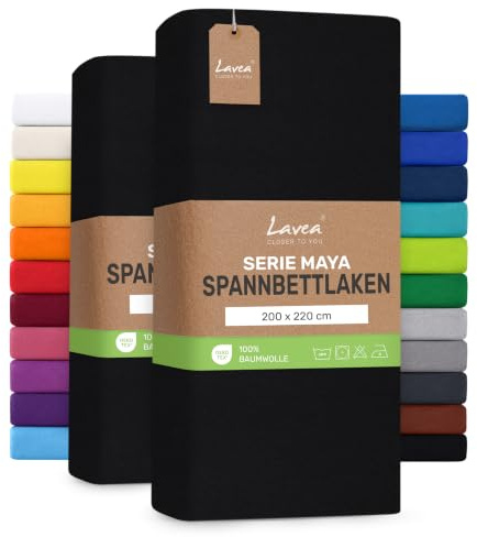 Lavea® 2er Spannbettlaken 200x220cm, Boxspringbetten, Wasserbetten, Bettlaken aus 100% Baumwolle Jersey, mit Rundumgummizug, für Matratzen mit ca. 35 cm Höhe, formstabil, Schwarz