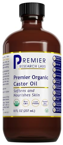 Premier Research Labs Organic Castor Oil for Face - Cold Pressed 100% Pure Castor Oil for Hair Growth, Skin & Body, Hexane Free - 8 Oz Bottle
