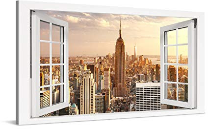 PICANOVA – Bild auf Leinwand Manhattan Empire State Building Fenster 100x50cm – Leinwandbild – Premium Leinwanddruck – Wandbild Kunstdruck Auf 2cm Holz-Keilrahmen Wohnzimmer Wanddekoration – New York