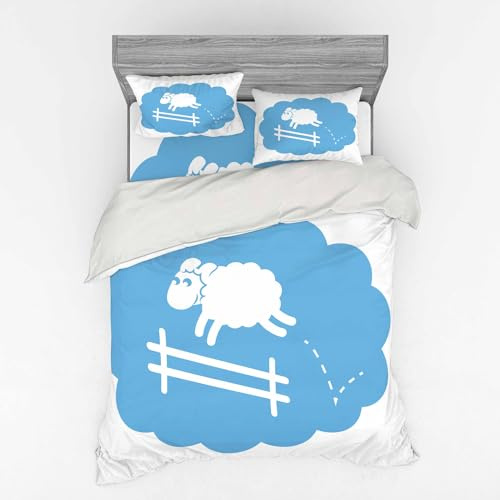 Ambesonne Fence Duvet Cover Set, Sheep Jumping Over a Fence in Cloud Sleep Bubble Shower Cartoon, 4 Piece Bedding Set with Shams and Fitted Sheet, California King, Pale Azure Blue White