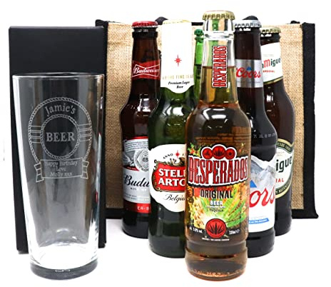 Regalo Personalised Engraved Beer Design Pint Glass & 6 Bottles of Beer Gift Set in Gift Bag for Dad & Grandad at Christmas | Son's 18th & 21st Birthday | for Daddy on Father's Day | 5% vol