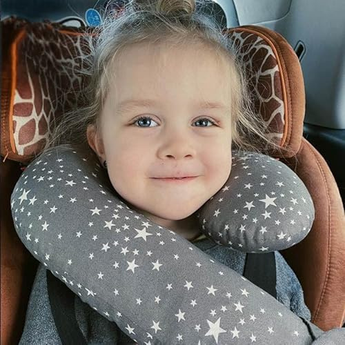 Kids Car Travel Pillow Car Seat Belt Cushion Head Neck Support Pillow Safety Strap Covers Children Headrest for Car Travelling Sleeping Pillow (Grey Pentagram)