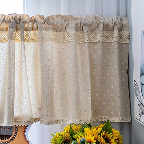 A.Monamour Gardine Scheibengardinen Kurzstores Bauernhaus Blumen Gänseblümchen Baumwolle Leinen Spitze Kurzgardinen Küchengardine Küchenvorhang Küche Fenster Kurz Vorhang Stores Bistrogardine