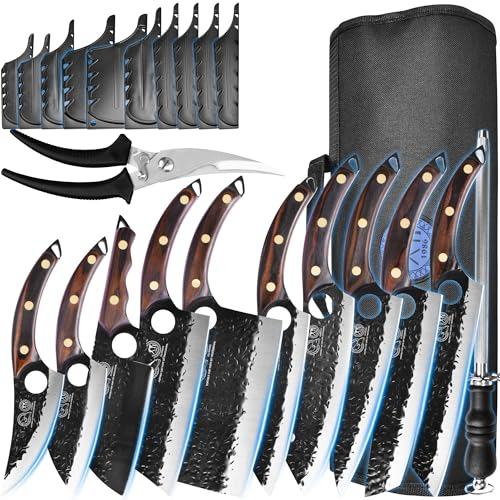 Authentische XYJ seit 1986,10 Stück Küchenmesser Set mit Rollentasche, Schere, Honstahl, Schleifstein, großes Metzgermesser Set, geschmiedete Messer Set, voller Tang Griff, Kohlenstoffstahl