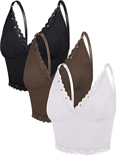 Bencailor 3 Stück Damen RIPP Strick Cami Top Spitze Camisole (Schwarz, Weiß, Kaffee, S) (Schwarz, Weiß, Kaffee, S)