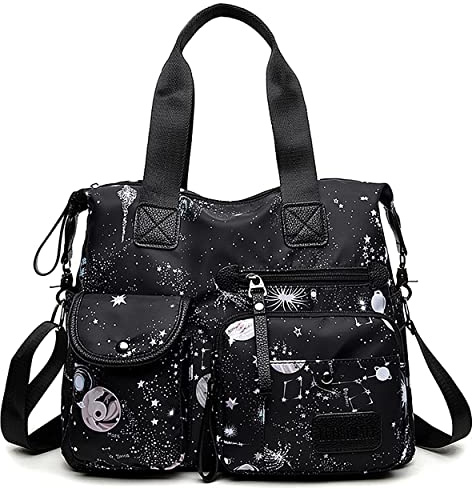 SHIFANQI Tote Bag for Women, Purse and Handbags with Multi Pockets & Zip, Lightweight Ladies Top Handle Shoulder Bag, Nylon Cross body Messenger Bag for Work School, Travel (Black Star Sky)