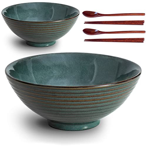 Auanlay 20 cm keramisk ramen-skål set med 2 japanska ramen-skålar med skedar och ätpinnar för Pho Udon asiatisk soppa nudel, grön