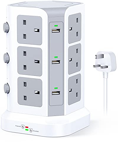Tower Extension Lead by KOOSLA, [13A 3250W] Surge Protector - 12 AC Outlets & 6 USB Ports Multi Plug Socket Power Strip with Heavy-Duty Extension Cable 2m for Home, Office White