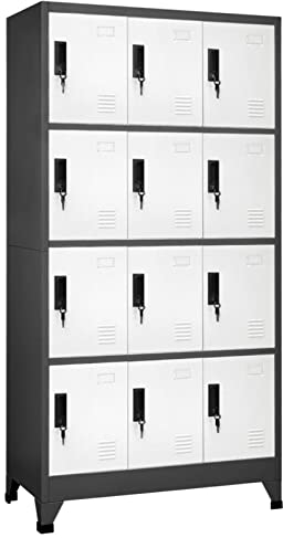 Keketa Schließfachschrank mit 12 Fächern Metallschrank Spind Umkleideschrank Lagerschrank Metallspind Kleiderschrank Mehrzweckschrank für Büro Wohnzimmer Anthrazit und Weiß 90x45x180 cm Stahl