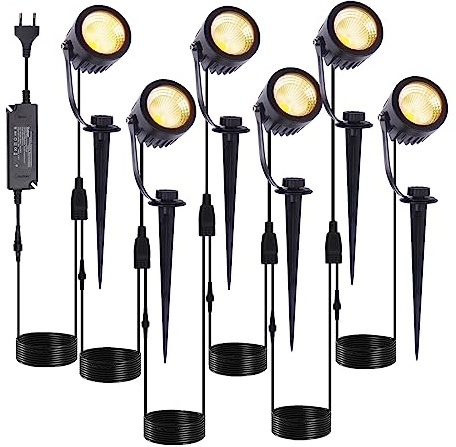 Gartenbeleuchtung mit Strom, 6 Stück Warmweiß Gartenleuchte mit Erdspieß, 5W Gartenstrahler Kabe Stecker, IP65 Wasserdicht Gartenlampe Außenbeleuchtung für Garten, Bäume, Party
