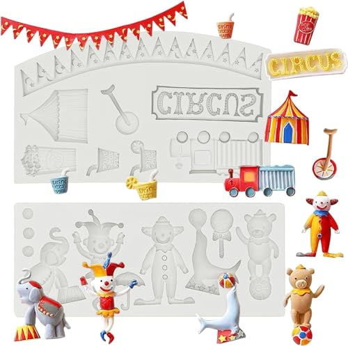 DUBENS 2 Stück Zirkus Fondant Silikonformen, Clown Elefant Schokoladenformen, Theater Einrad Küche Backform für Geburtstag Kuchen Dekoration Cupcake Topper Süßigkeiten Dessert