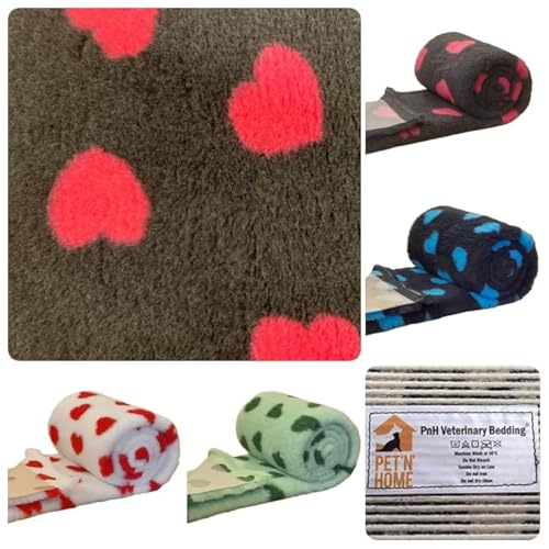 PnH Veterinary Bedding® Literie vétérinaire antidérapante en polaire pour chiot/chien/animal domestique Motif cœurs Anthracite avec cœurs rose cerise 75 x 50 cm