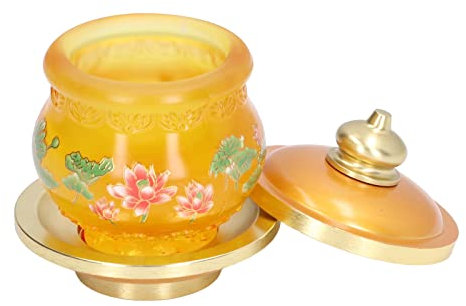 Taza De Adoración, Taza De Agua De Buda Dorada Taza De Agua Bendita Esmalte De Colores Taza De Ofrenda De Agua Bendita Con Patrón De Flores Y Con Bandeja Para Templo