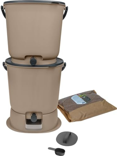 Lote de 2 compostadores Bokashi Essential 15,3 L+1 kg de Brain+1 Base-Capuccino