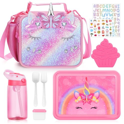 JYPS Unicorn Bento Box for Kids with Insulated Lunch Bag, Lunch box Set with kids water bottle,Sauce Container,Ice Pack,Utensils,Perfect Lunch Container for Girls and Toddlers Back to School Age 7-15