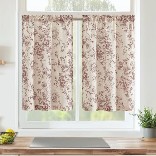 Vangao Scheibengardinen Modern Küche Vorhang Kurz Blumen Vintage Leinenoptik Bistrogardine 2er Set 65Bx90Hcm Landhausstil Wohnwagen Vorhänge Rot und Beige Wohnzimmer Küchengardinen Lichtdurchlässig