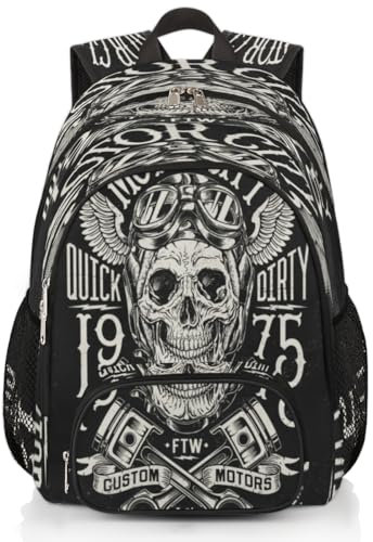 Motorrad-Rucksack mit Totenkopf-Motiv, Vintage-Rucksack, Mehrzweck-Rucksack für Kinder, Mädchen, Jungen, Herren, Damen, 18,4 l, Totenkopf-Rucksack, Schule, Büchertasche, lässiger Laptop-Tagesrucksack,