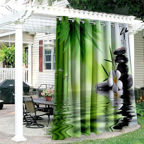 Hiseng Outdoor Vorhänge Wetterfest Wasserdicht mit Ösen, 1 Stück Steinblumen Verdunkelungsvorhang Outdoorvorhänge Blickdicht Sichtschutz Sonnenschutz Vorhänge für Terrasse (180x213cm,Bambus)