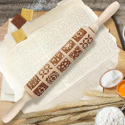 Embossed Rolling Pin - Christmas Embossed Rolling Pins with 16 Different Flowers in Squares, 3D Wooden Rolling Pin Cookies Mold Kitchen Decor Tools for Kids and Adults to Make Cookie Dough(Square)