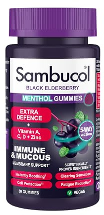 Sambucol Natural Black Elderberry Extra Defence Menthol Gummies |Vitamin A | Vitamin C | Vitamin D | Zinc |Advanced Immune Support Supplement| 30 Gummies