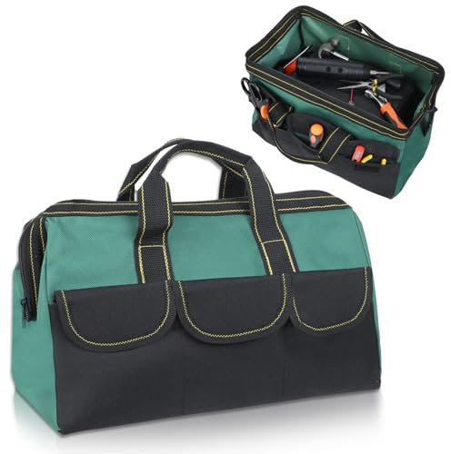Wide Mouth Tool Bag, 16 Inch Green Waterproof Power Tool Bag Organizer Drill Bag Electrician Tool Bag Tool Tote for Professionals, Construction Electricians Carpentry and DIY Enthusiasts