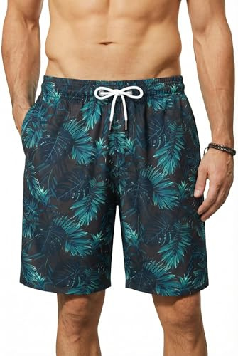 Enlision badbyxor herr badshorts sommar Hawaii shorts strandshorts snabbtorkande simbyxor surfing boardshorts för män med nätfoder S–3XL, Svart blad, S