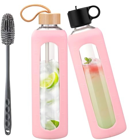 HYDRAGLAZIC 1Liter Trinkflasche aus Glas mit 2 Deckeln – Strohhalmdeckel, Bambusdeckel, Glasflasche mit Silikonhülle, Zeitmarkierung, Wasserflasche Glas für Kaltgetränke,Rosa