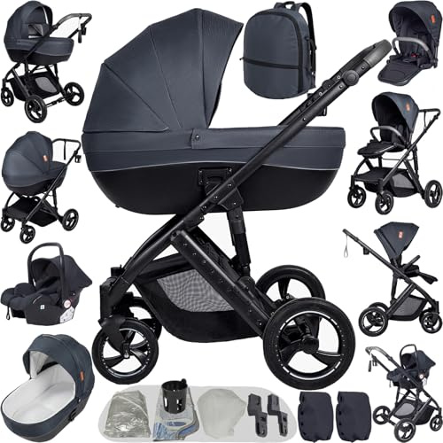 Prokoke Kinderwagen 4 in 1, Buggy mit Umkehrbarem Zwei-Wege-Schub, Kinderwagen Rahmen Aluminiumlegierung, Kombikinderwagen 4 in 1 Einem Klick Faltbar Baby Kleinkind Neugeborene (H2 Deep Grey)