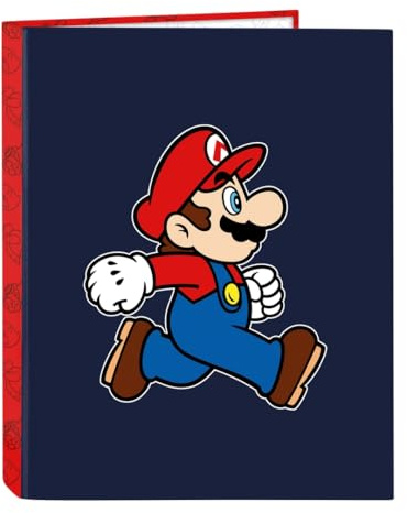 SUPER MARIO TRICK Ordner mit 4 Ringen, ideal für Kinder verschiedener Altersgruppen, bequem und vielseitig, Qualität und Widerstandsfähigkeit, 26,5 x 33 cm, Dunkelblau/Rot, M, Casual