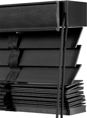 Generic 50mm Slats Cordless Wooden Venetian Blinds & Shades, Blackout Darkening Privacy Blinds for Bedroom Bathroom Living Room(Black)