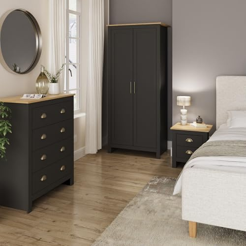 GFW Lancaster Black 3 Piece Bedroom Furniture Set, Shaker Style Wardrobe, Chest of Drawers & Bedside Table with Oak Effect Tops